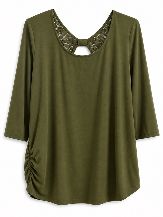 None Tops - Olive Green Lace Back Blouse XL 3/4 Sleeve Ruched Casual Boho Top